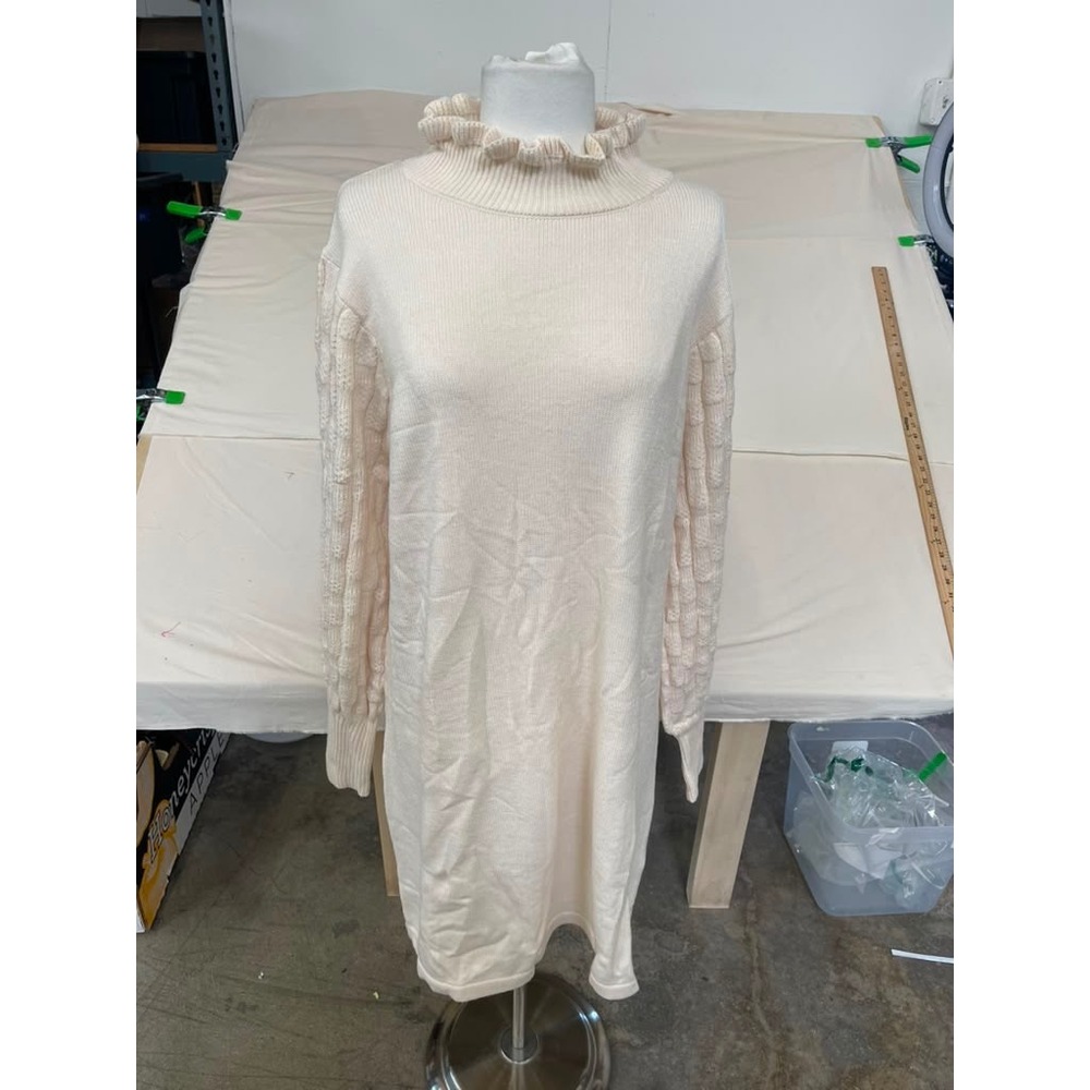 Cream Ruffle Mock Neck Cable Knit Puff Sleeve Sweater Dress XL Cream White